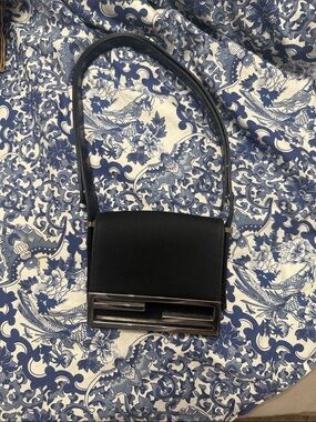 Black Leather Shoulder Bag with Silver Accent